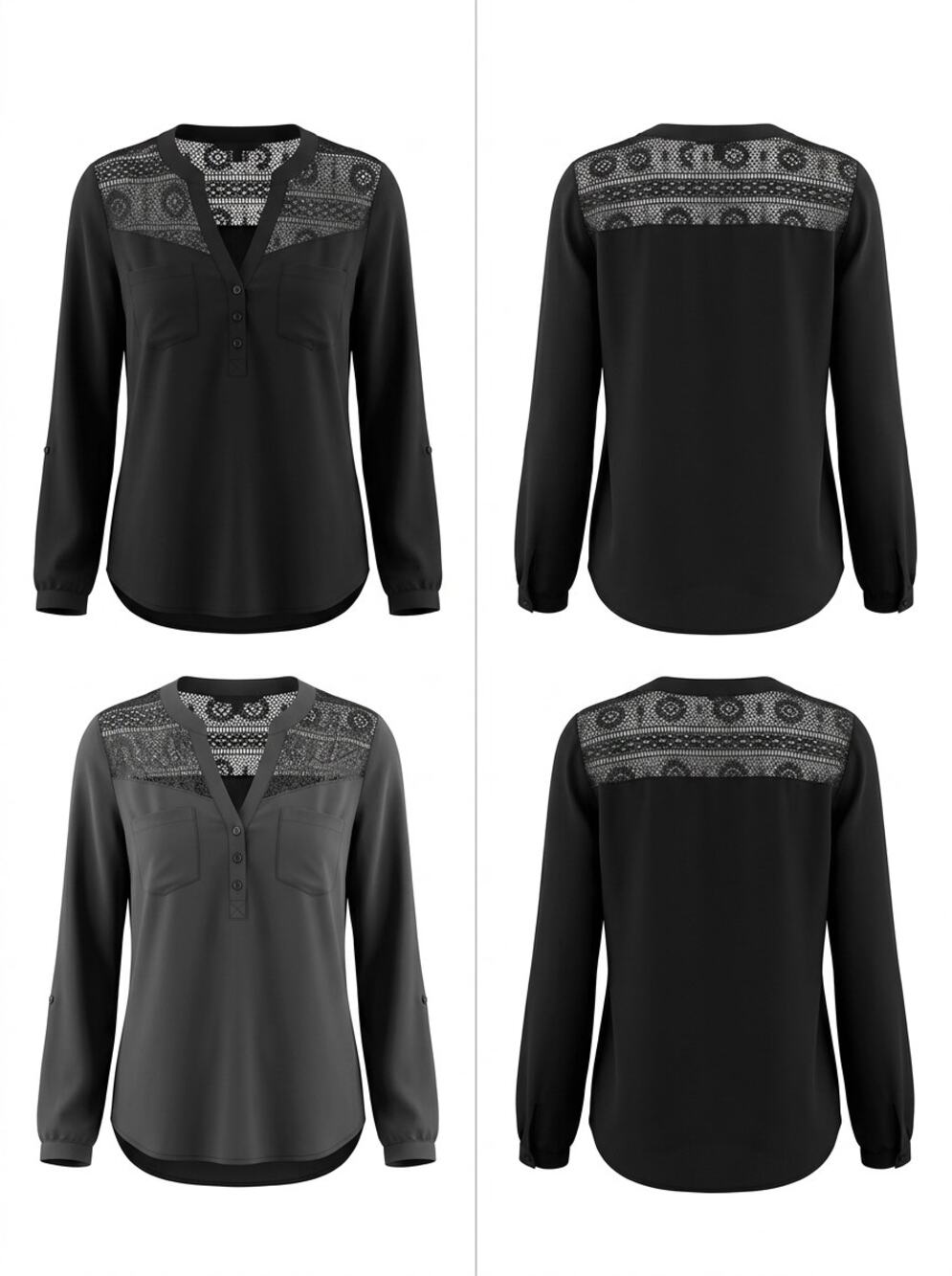 Express Black Lace Yoke Henley V-Neck Long Sleeve Blouse Women Size S/P